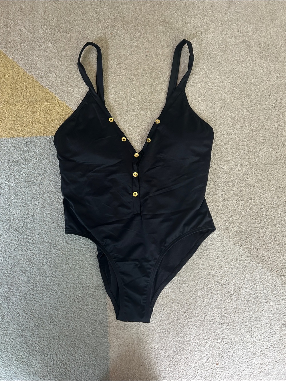 JustFab Black One-Piece Swimsuit with Gold Button Accents